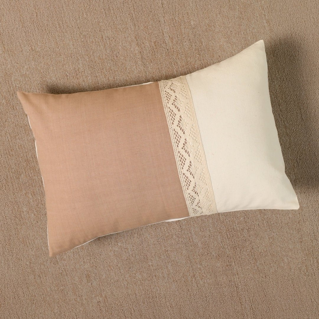 Rectangular Cushion Cover in Taupe and Off White | Pure Cotton with Crochet Detailing with Flap | 12 x 18 inch | Single or Combo Pack Available