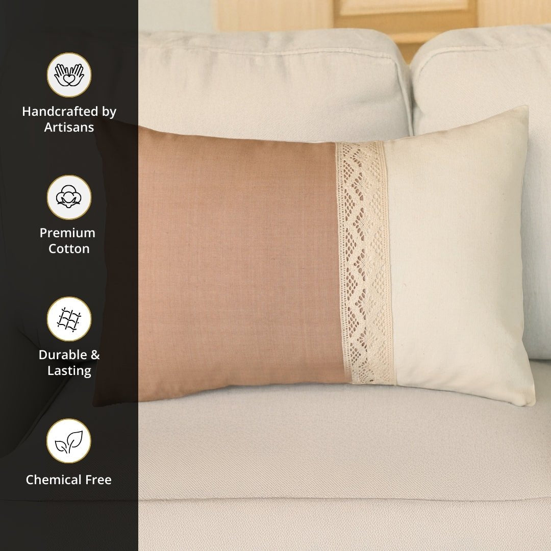 Rectangular Pure Cotton Crochet Cushion Cover in Taupe and Off White | Set of 1 and 2