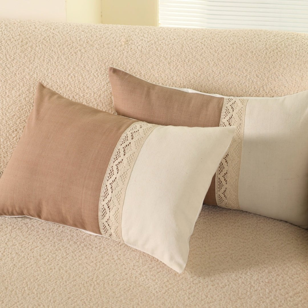 Rectangular Pure Cotton Crochet Cushion Cover in Taupe and Off White | Set of 1 and 2