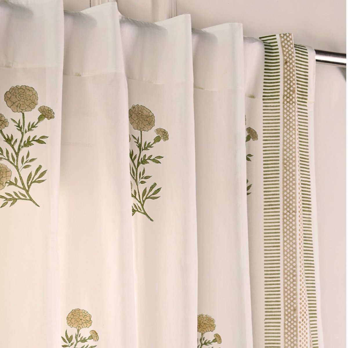 Pure Cotton Sheer Curtains in floral patterns in taupe and olive green colours, available in 5ft and 7ft  in both set of 1 and 2
