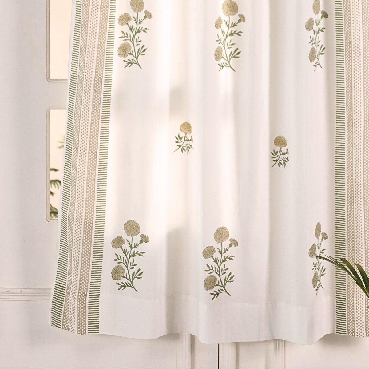 Pure Cotton Sheer Curtains in floral patterns in taupe and olive green colours, available in 5ft and 7ft  in both set of 1 and 2