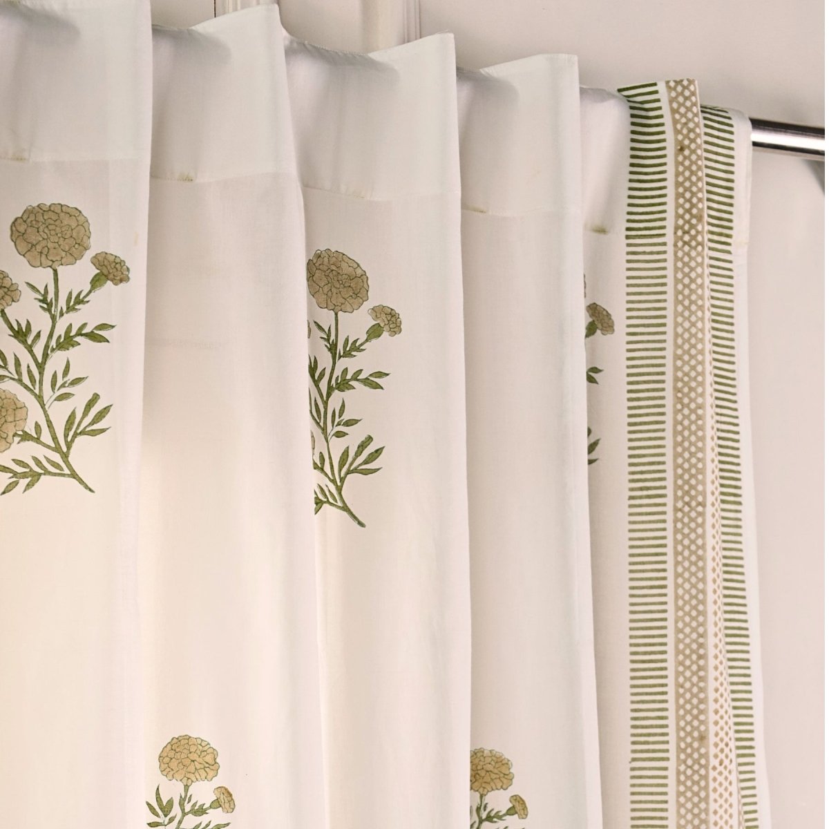 Pure Cotton Sheer Curtains in floral patterns in taupe and olive green colours, available in 5ft and 7ft  in both set of 1 and 2