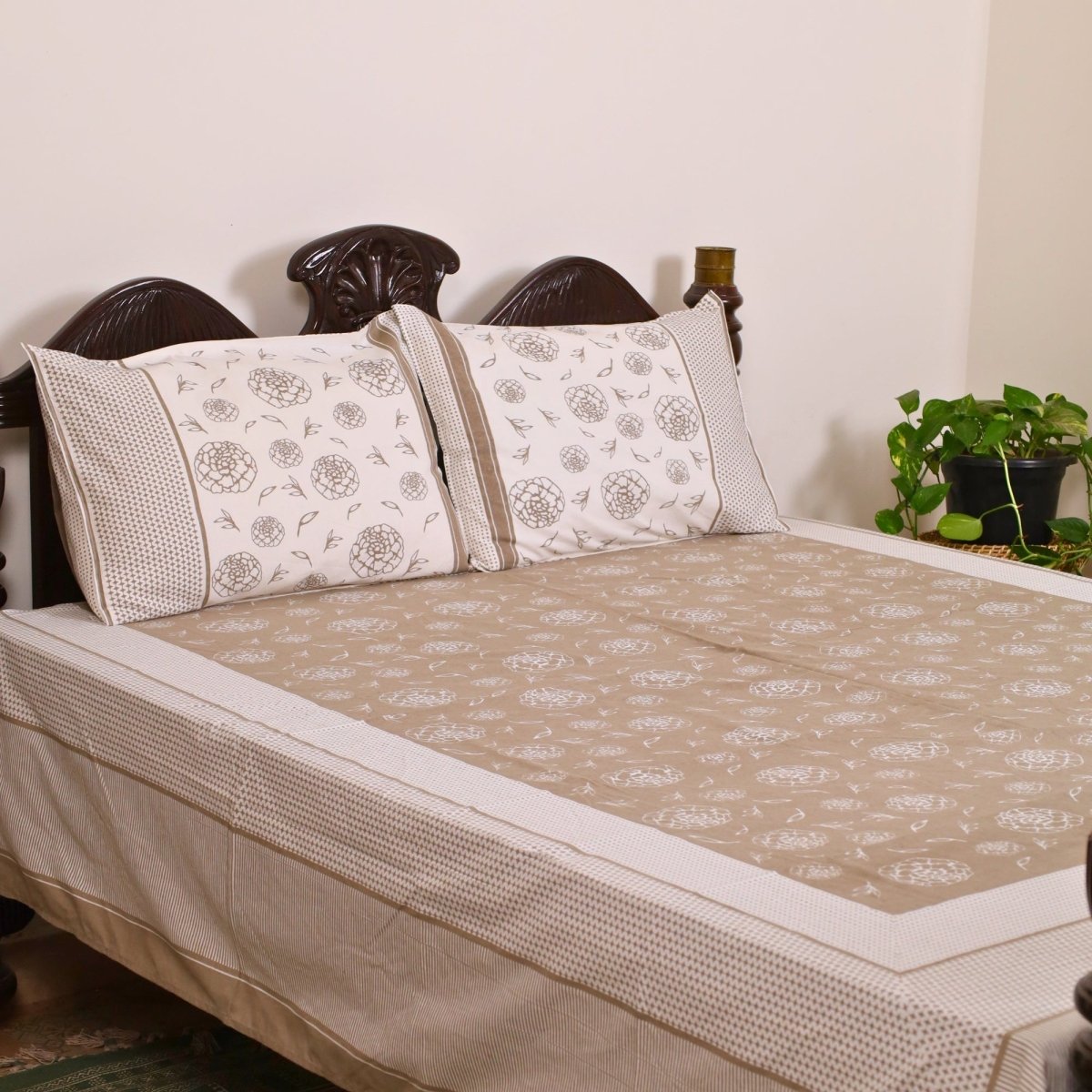 Taupe and Off White Pure Cotton Bedsheet | Queen and King Size | Handprinted
