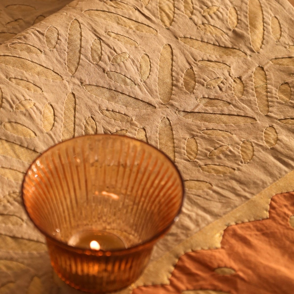 Cotton Table Runner in Taupe and Rust colour with Applique artisanal technique 15 by 60 inches