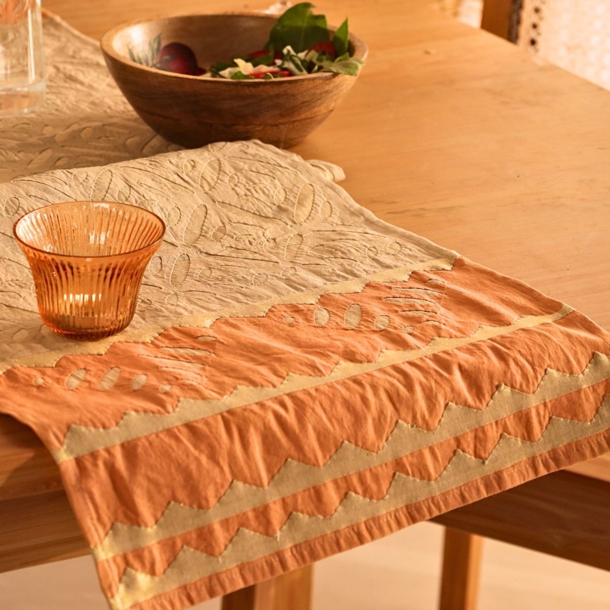 Cotton Table Runner in Taupe and Rust colour with Applique artisanal technique 15 by 60 inches