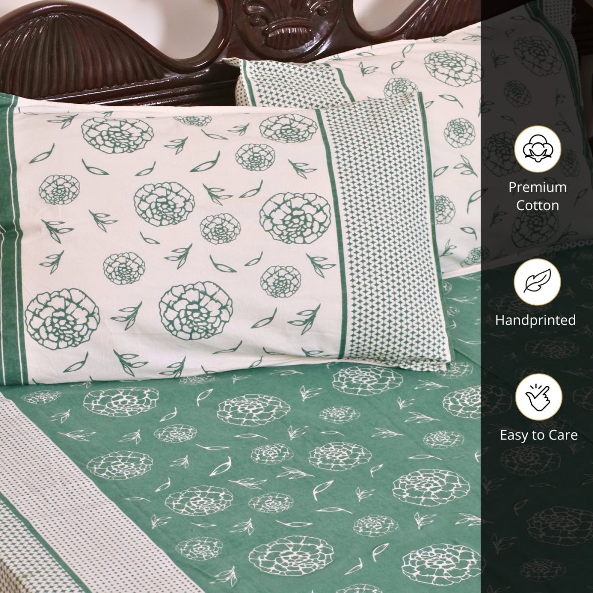 Pure Cotton Bedsheet for bed with 2 Pillow Covers in Teal Green and Off White