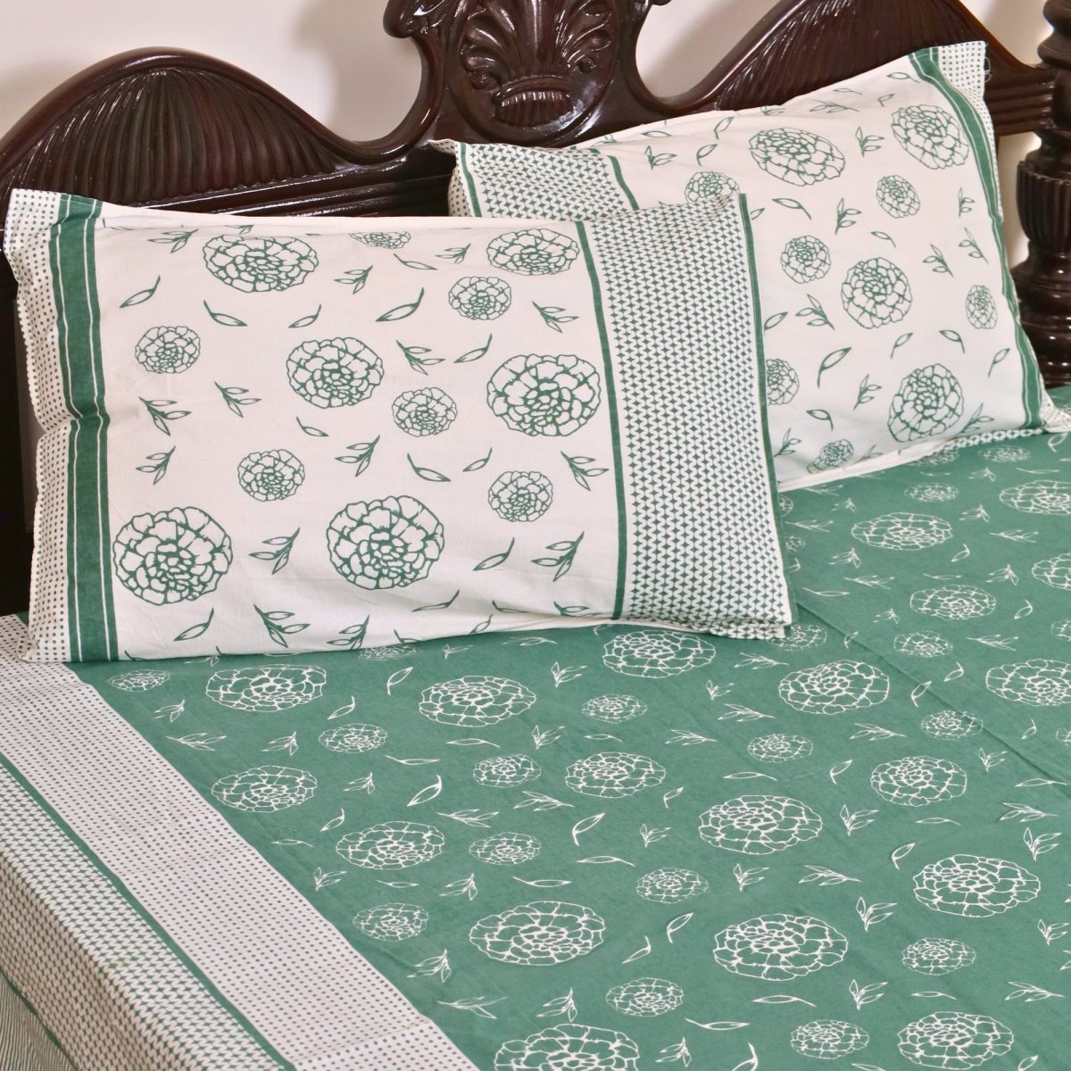 Pure Cotton Bedsheet for bed with 2 Pillow Covers in Teal Green and Off White