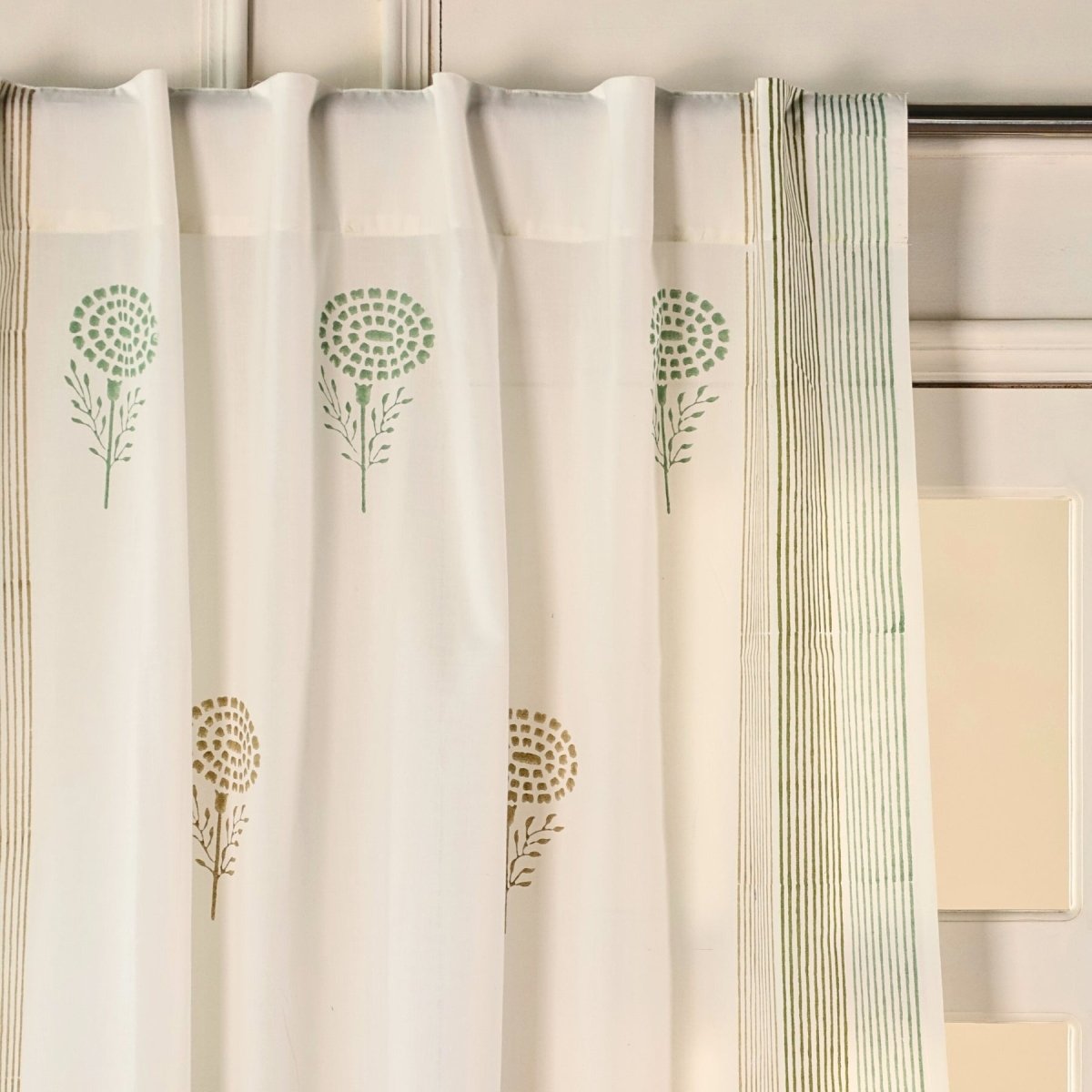 Pure Cotton Sheer Curtains in floral patterns in Teal, Green and Taupe, available in 5ft and 7ft
