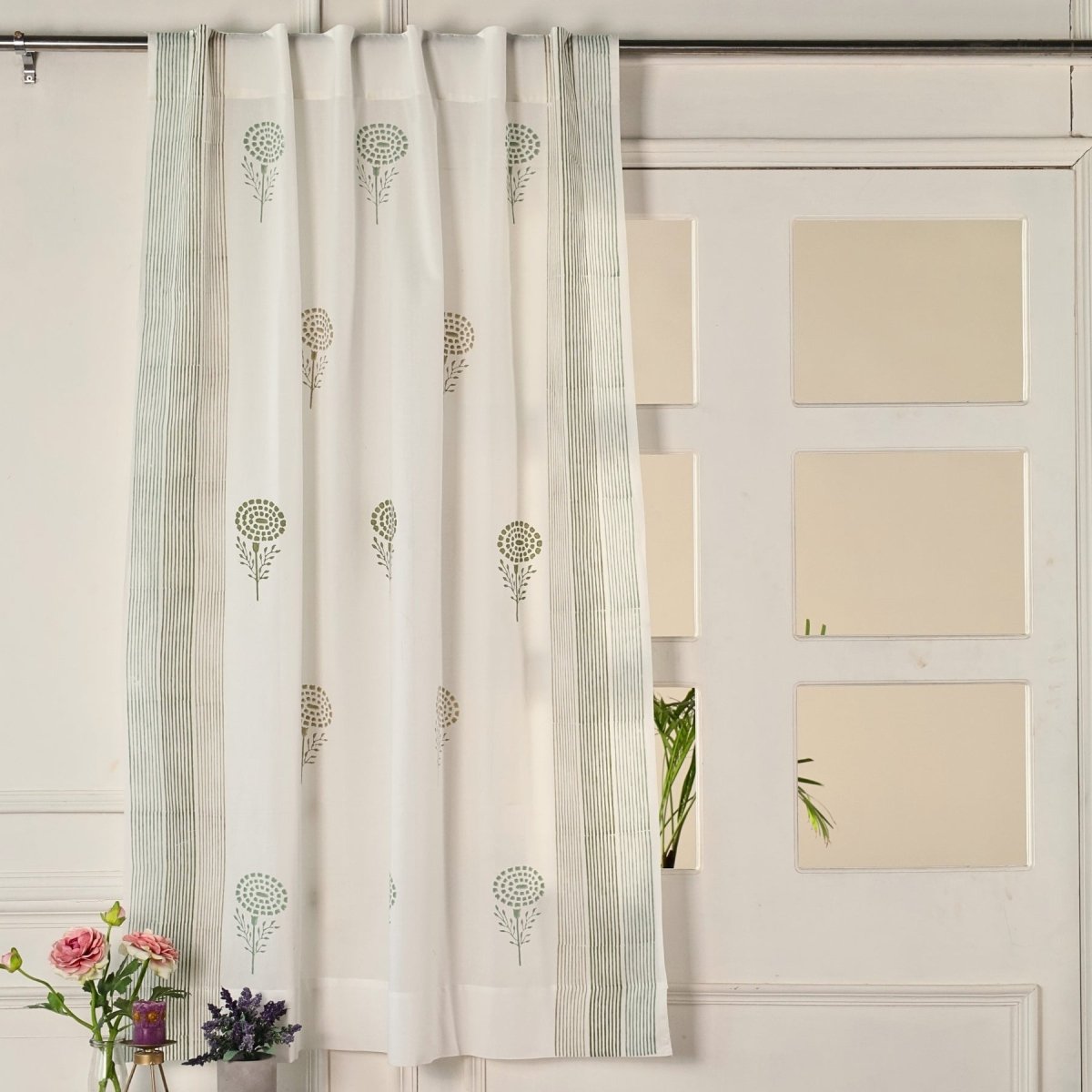 Pure Cotton Sheer Curtains in floral patterns in Teal, Green and Taupe, available in 5ft and 7ft