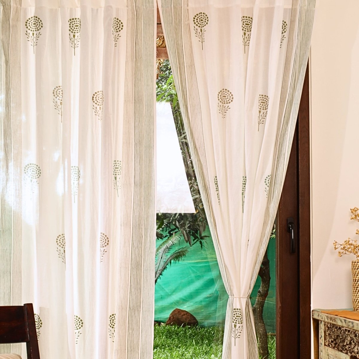Pure Cotton Sheer Curtains in floral patterns in Teal, Green and Taupe, available in 5ft and 7ft