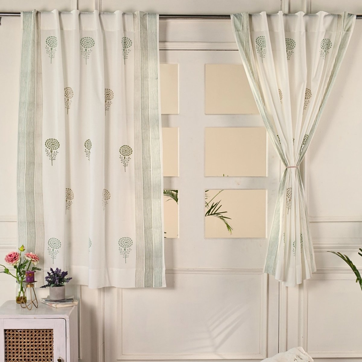 Sheer Curtain in Teal, Green and Taupe made with fine Mulmul cotton | 5 and 7 Feet | Set of 1 and 2