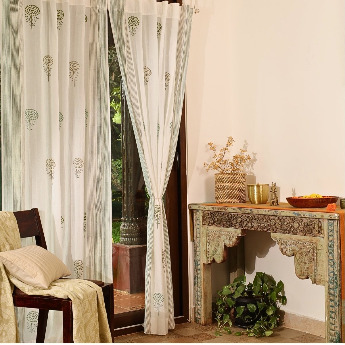Sheer Curtain in Teal, Green and Taupe made with fine Mulmul cotton | 5 and 7 Feet | Set of 1 and 2