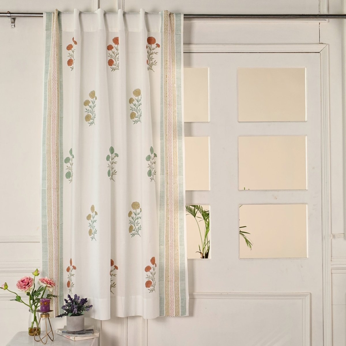 Pure Cotton Sheer Curtains in floral patterns in teal and mustard colours, available in 5ft and 7ft
