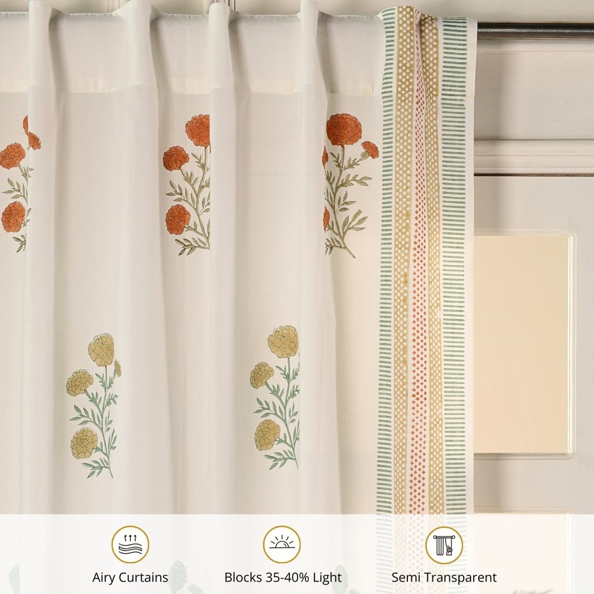 Pure Cotton Sheer Curtains in floral patterns in teal and mustard colours, available in 5ft and 7ft