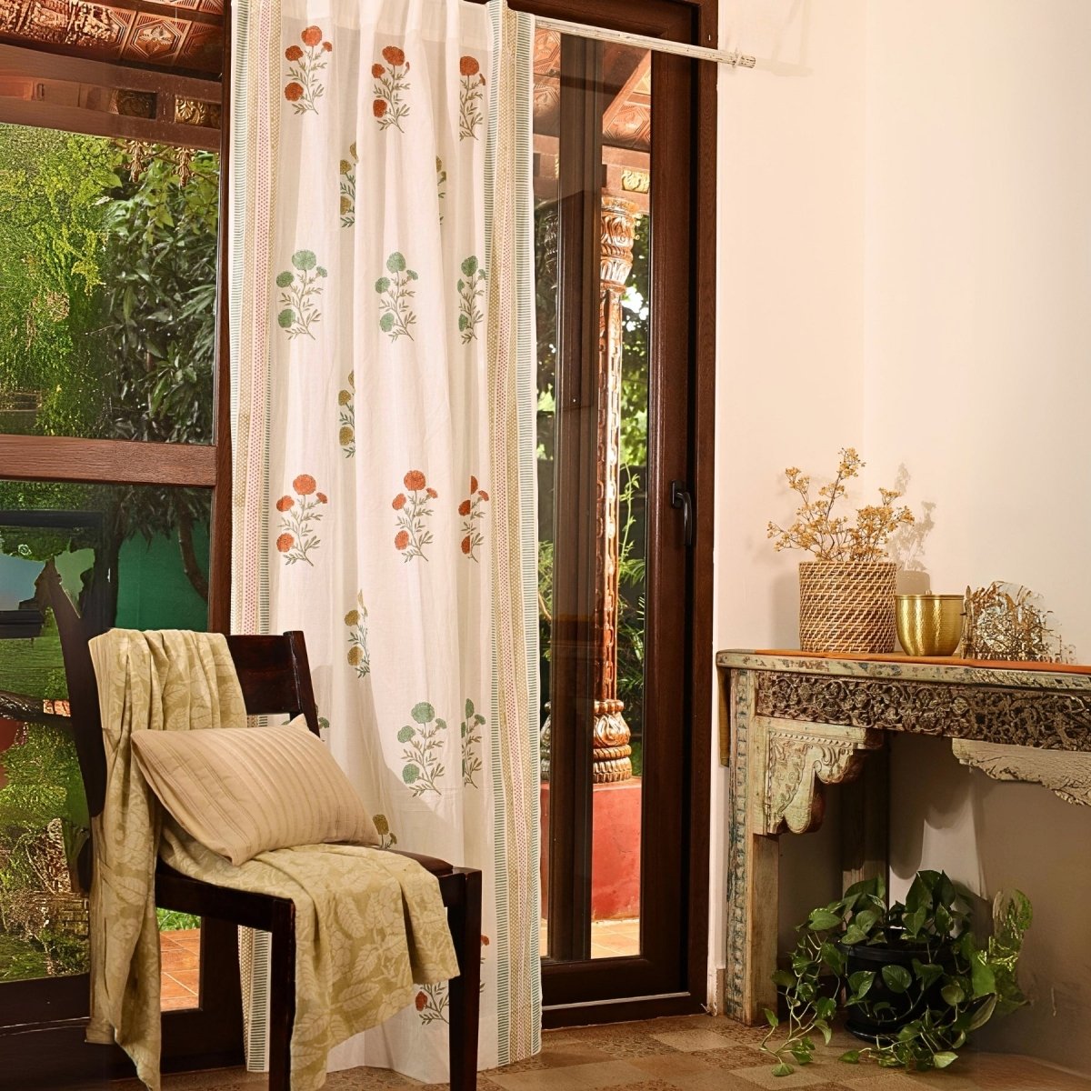 Pure Cotton Sheer Curtains in floral patterns in teal and mustard colours, available in 5ft and 7ft
