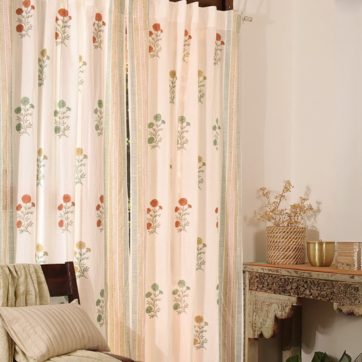 Pure Cotton Sheer Curtains in floral patterns in teal and mustard colours, available in 5ft and 7ft