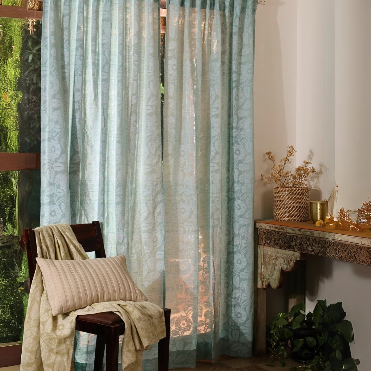 Teal Semi-Transparent Curtain for Door Length 7ft Marigold Collection