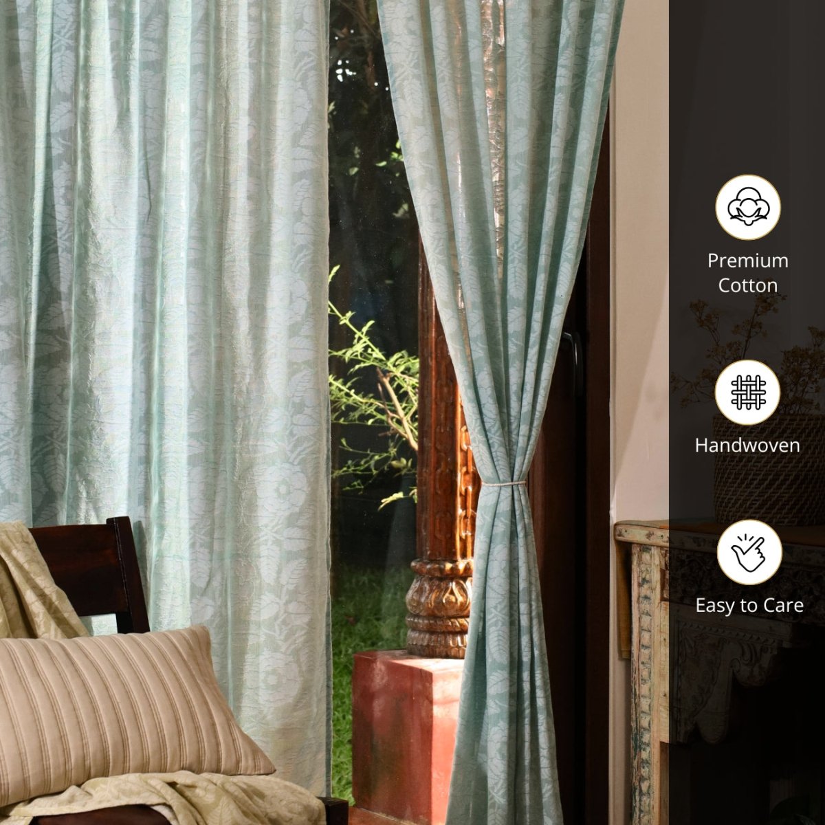 Teal Semi-Transparent Curtain for Door Length 7ft Marigold Collection