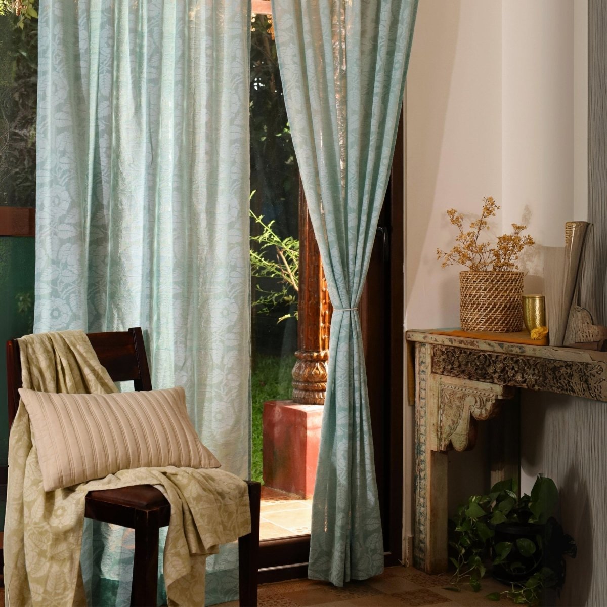 Teal Semi-Transparent Curtain for Door Length 7ft Marigold Collection
