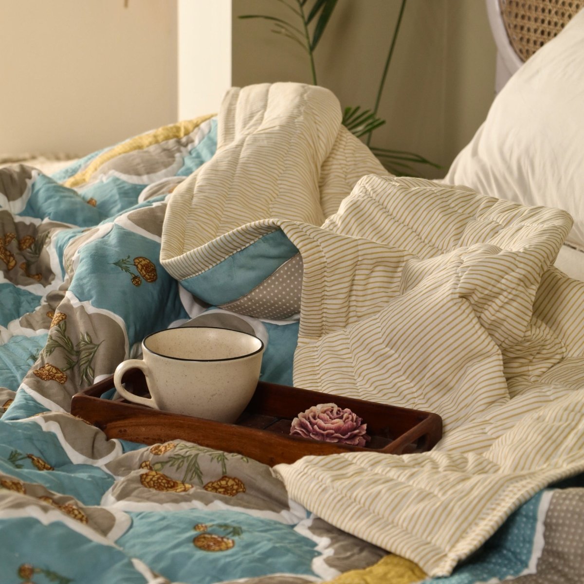 AC Comforter in 100% Cotton Mulmul Handprinted in Rust and Taupe Colours