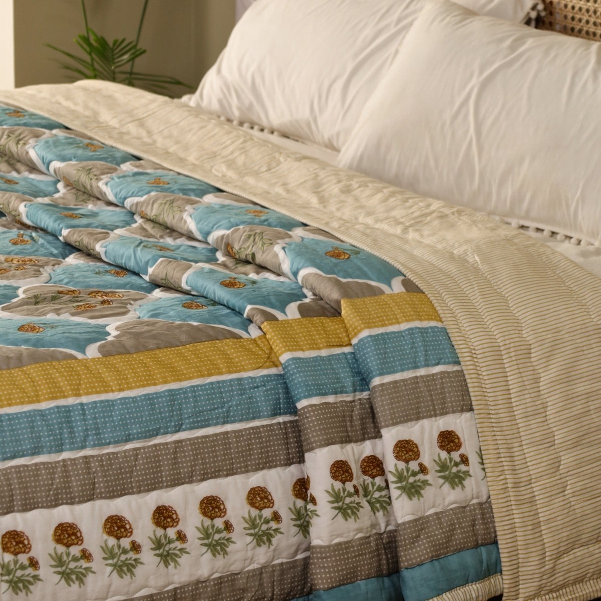 AC Comforter in 100% Cotton Mulmul Handprinted in Rust and Taupe Colours