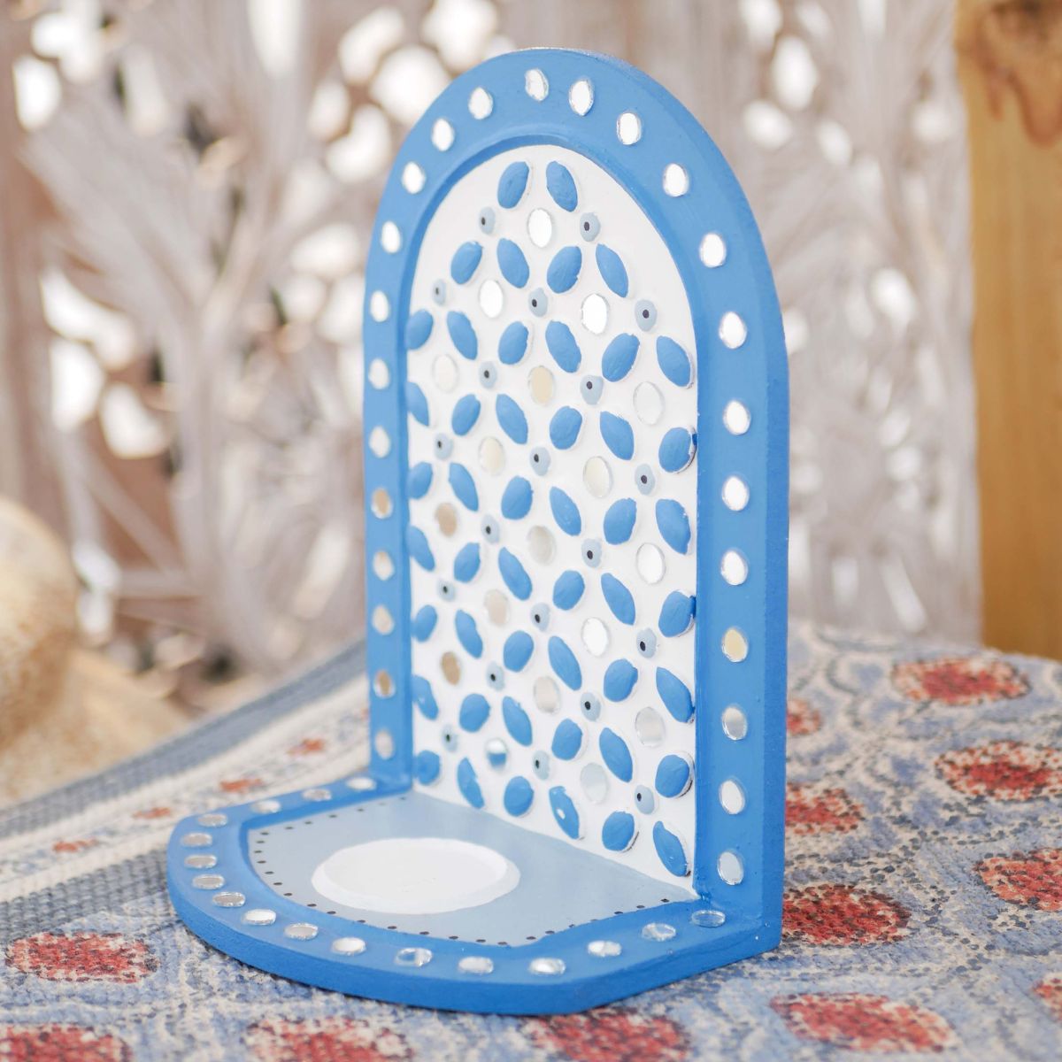 Blue Colour handcrafted Lippan tealight holder made with mud and mirror work.