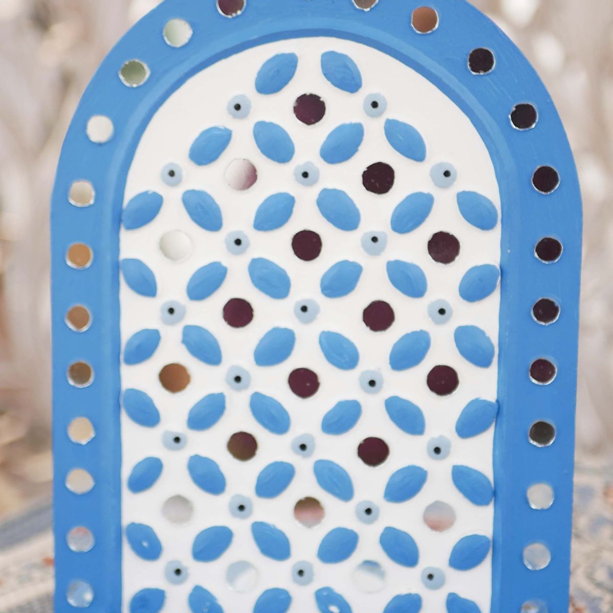 Blue Colour handcrafted Lippan tealight holder made with mud and mirror work.