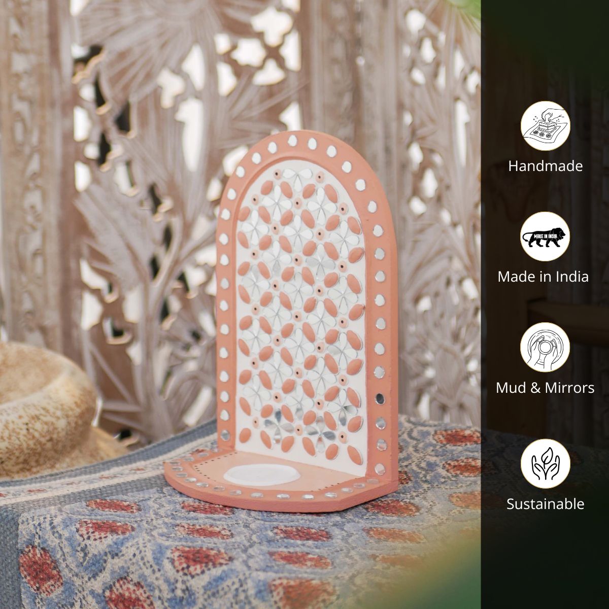 Dusty pink handcrafted Lippan tealight holder made with mud and mirror work.