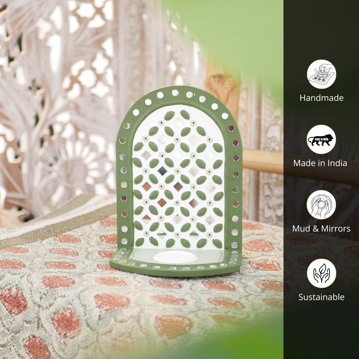 Green Colour handcrafted Lippan tealight holder made with mud and mirror work.