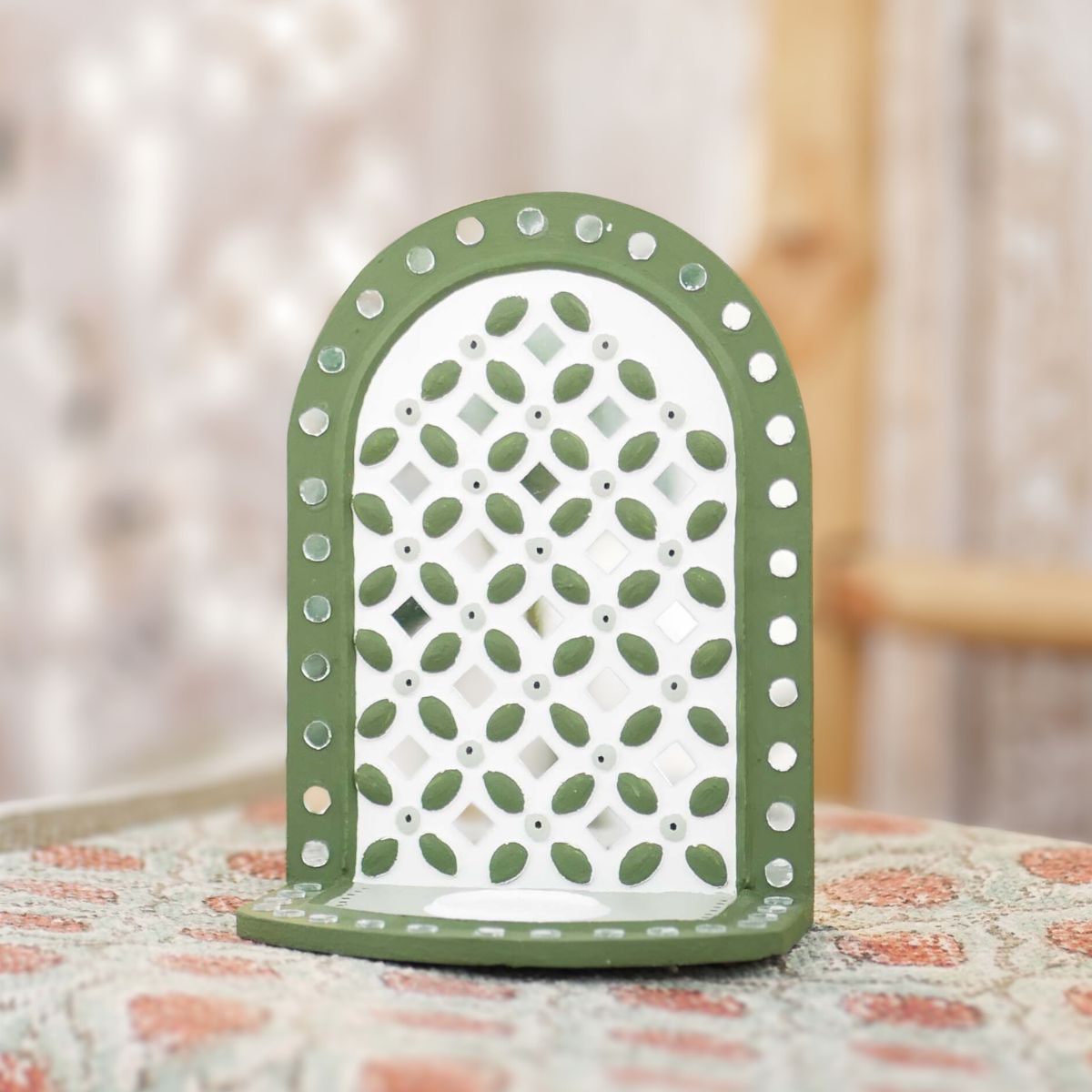Green Colour handcrafted Lippan tealight holder made with mud and mirror work.