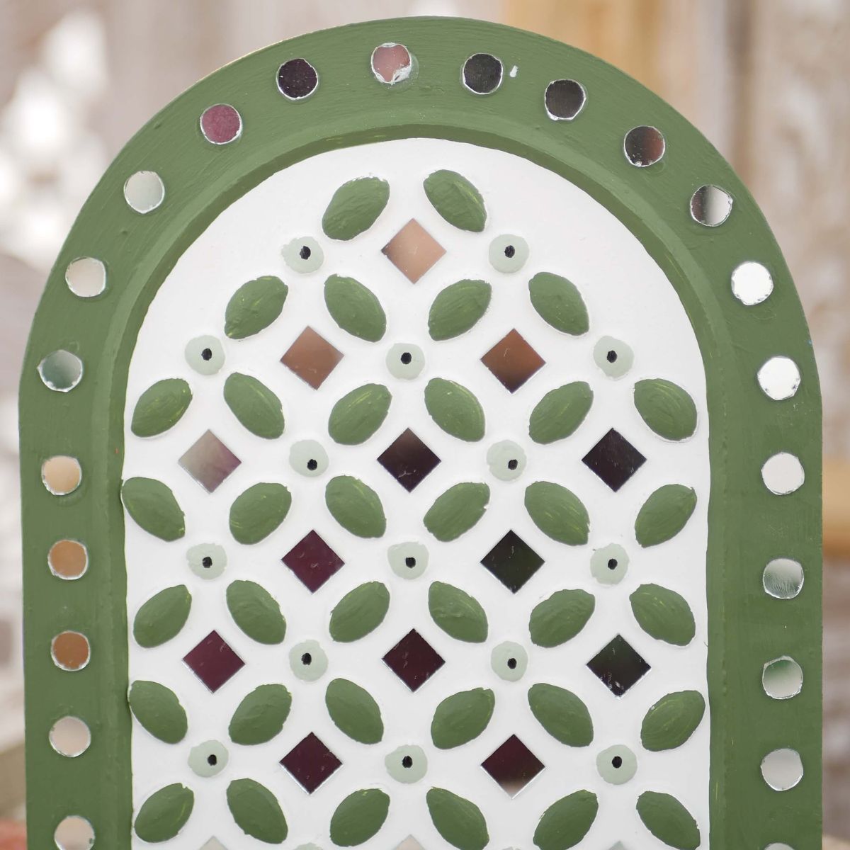 Green Colour handcrafted Lippan tealight holder made with mud and mirror work.