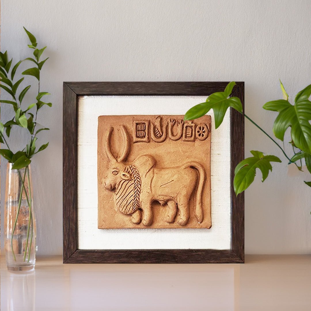 Terracotta wall hanging replica of Harappan Bull Seal Replica with Frame Length 8 inches Width 8 inches including frame