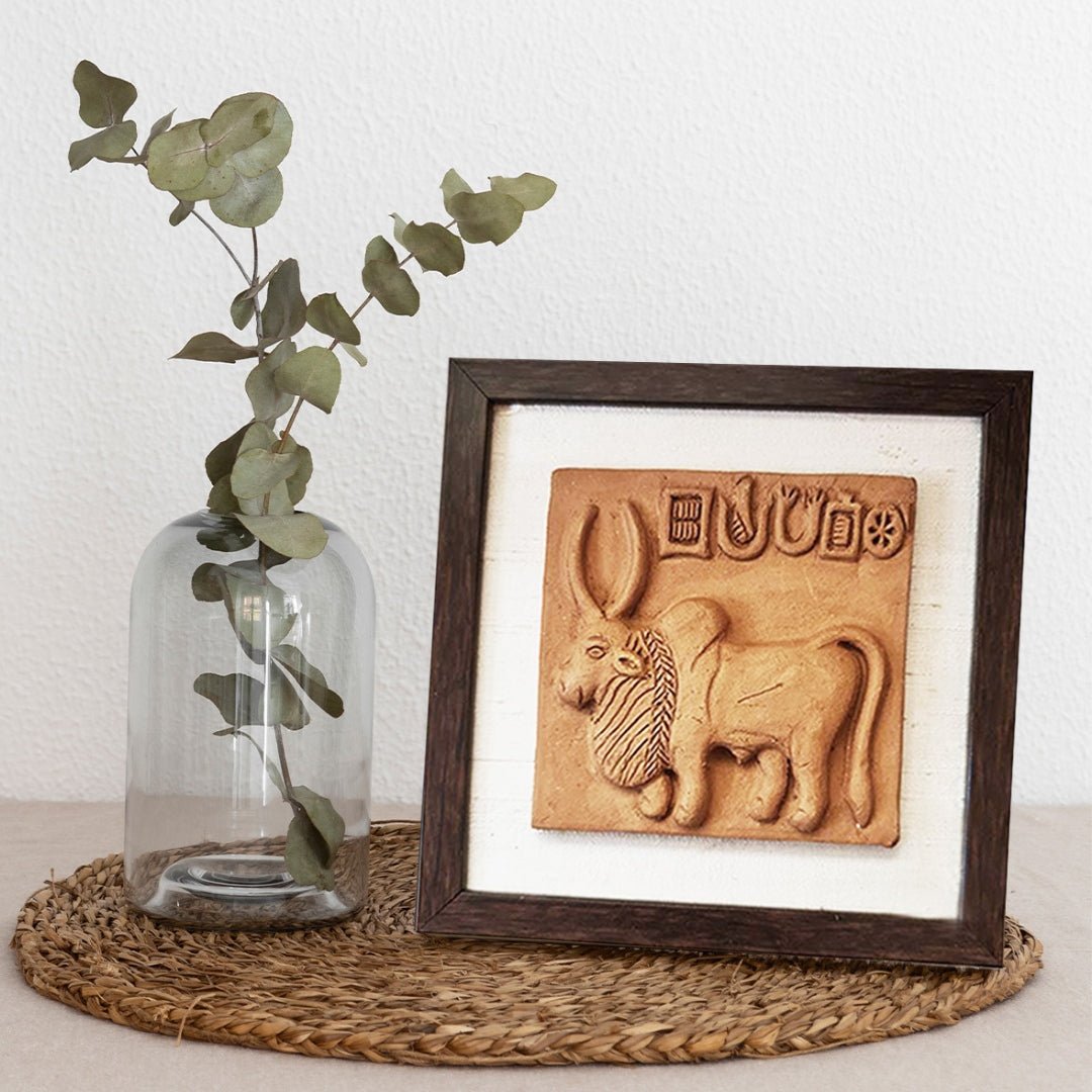 Terracotta wall hanging replica of Harappan Bull Seal Replica with Frame Length 8 inches Width 8 inches including frame