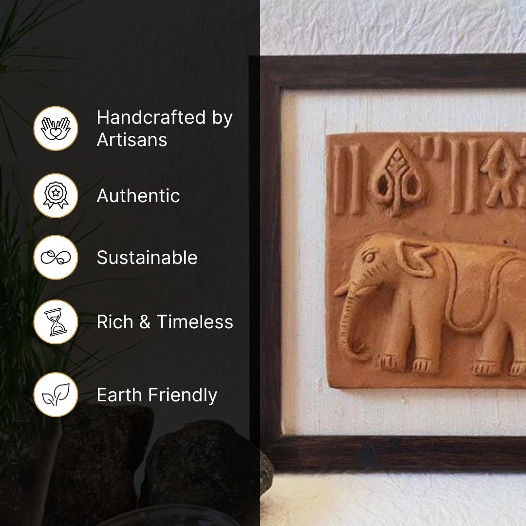 Terracotta Wall Hanging Replica of the Elephant Seal from the Harappa period with a Frame 8x8 inches with frame