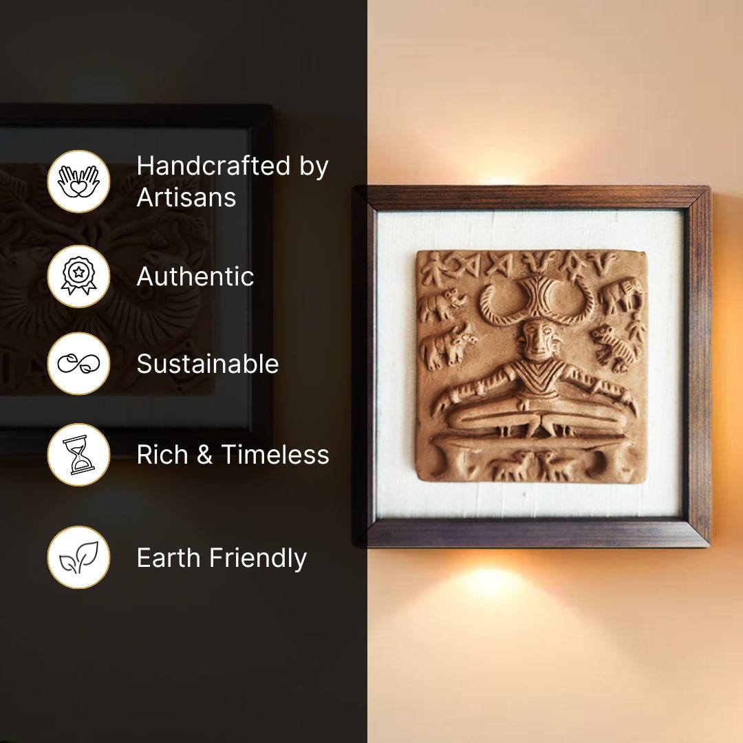 Terracotta wall hanging replica of Harappan Pashupati Seal with Frame| Length 8 inches| Width 8 inches including frame