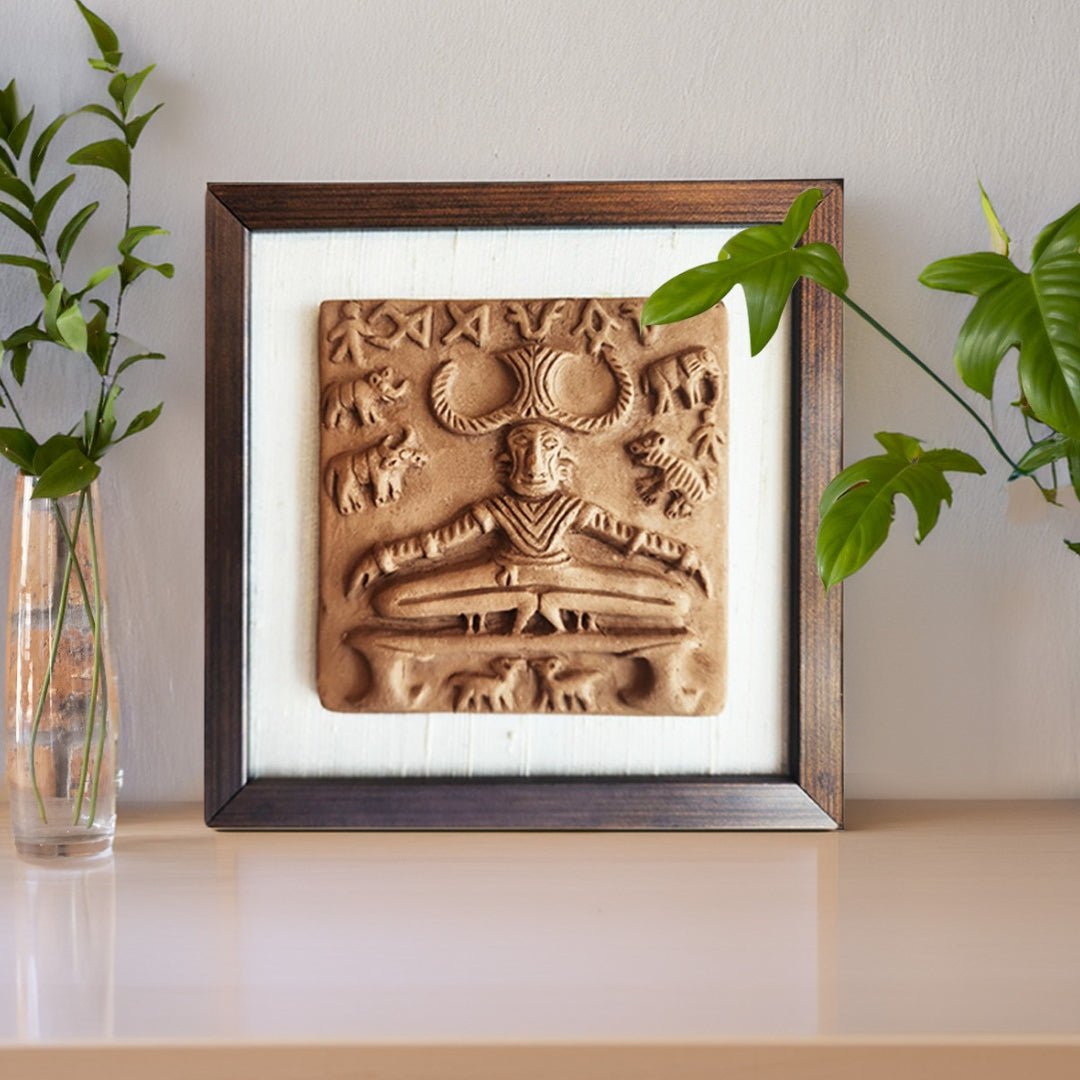 Terracotta wall hanging replica of Harappan Pashupati Seal with Frame| Length 8 inches| Width 8 inches including frame