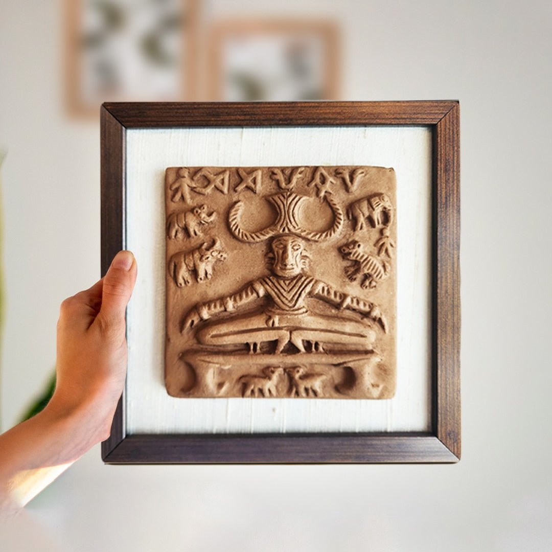 Terracotta wall hanging replica of Harappan Pashupati Seal with Frame| Length 8 inches| Width 8 inches including frame