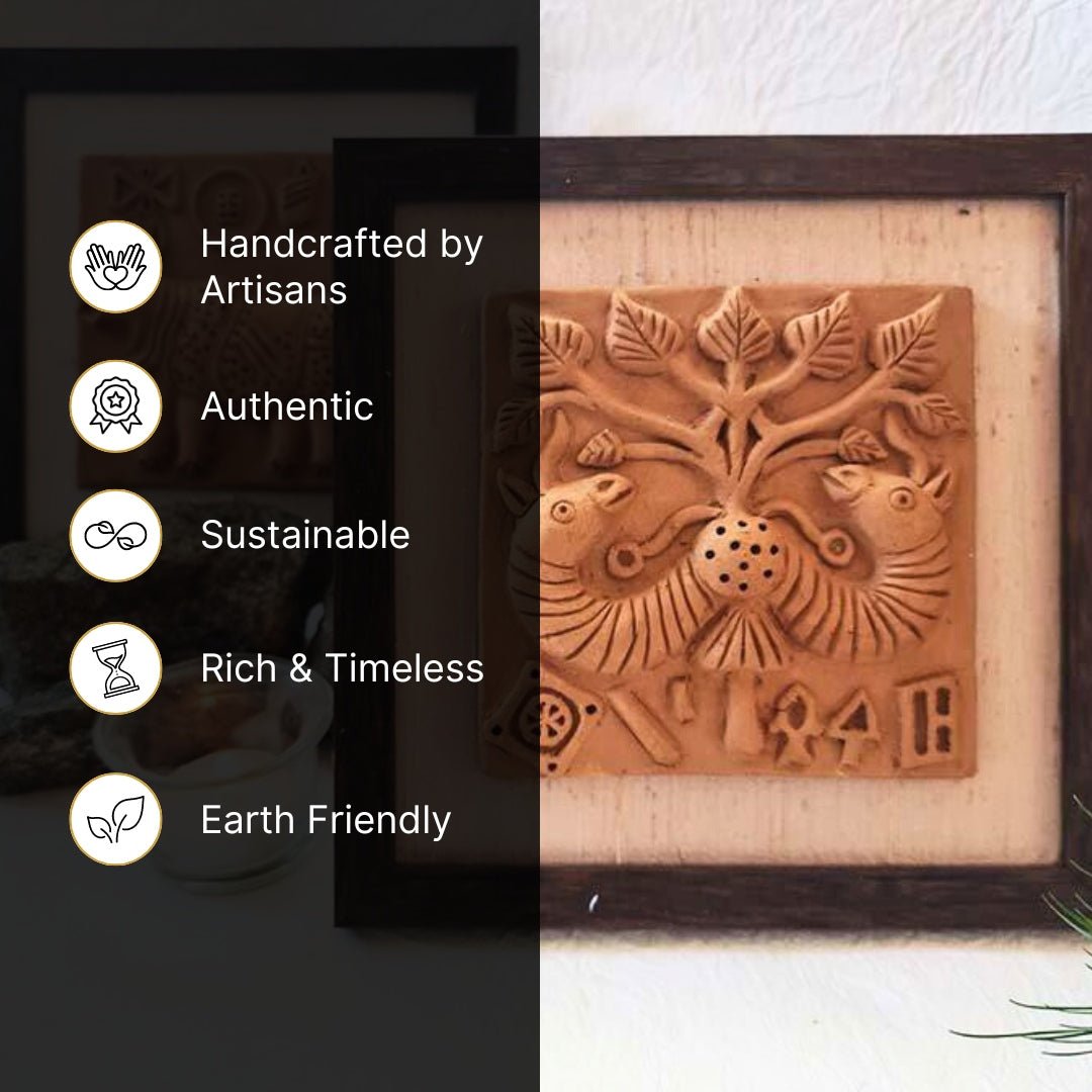 Terracotta wall hanging of Harappan Peepul Tree Seal with Frame Length 8 inches Width 8 inches including frame