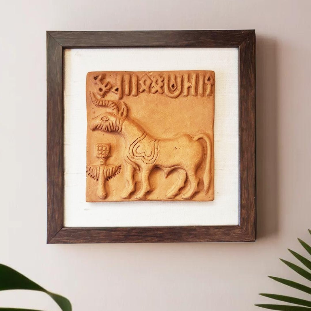 Terracotta Wall Hanging Replica of the Unicorn Seal from the Harappa period with a Frame 8x8 inches with frame