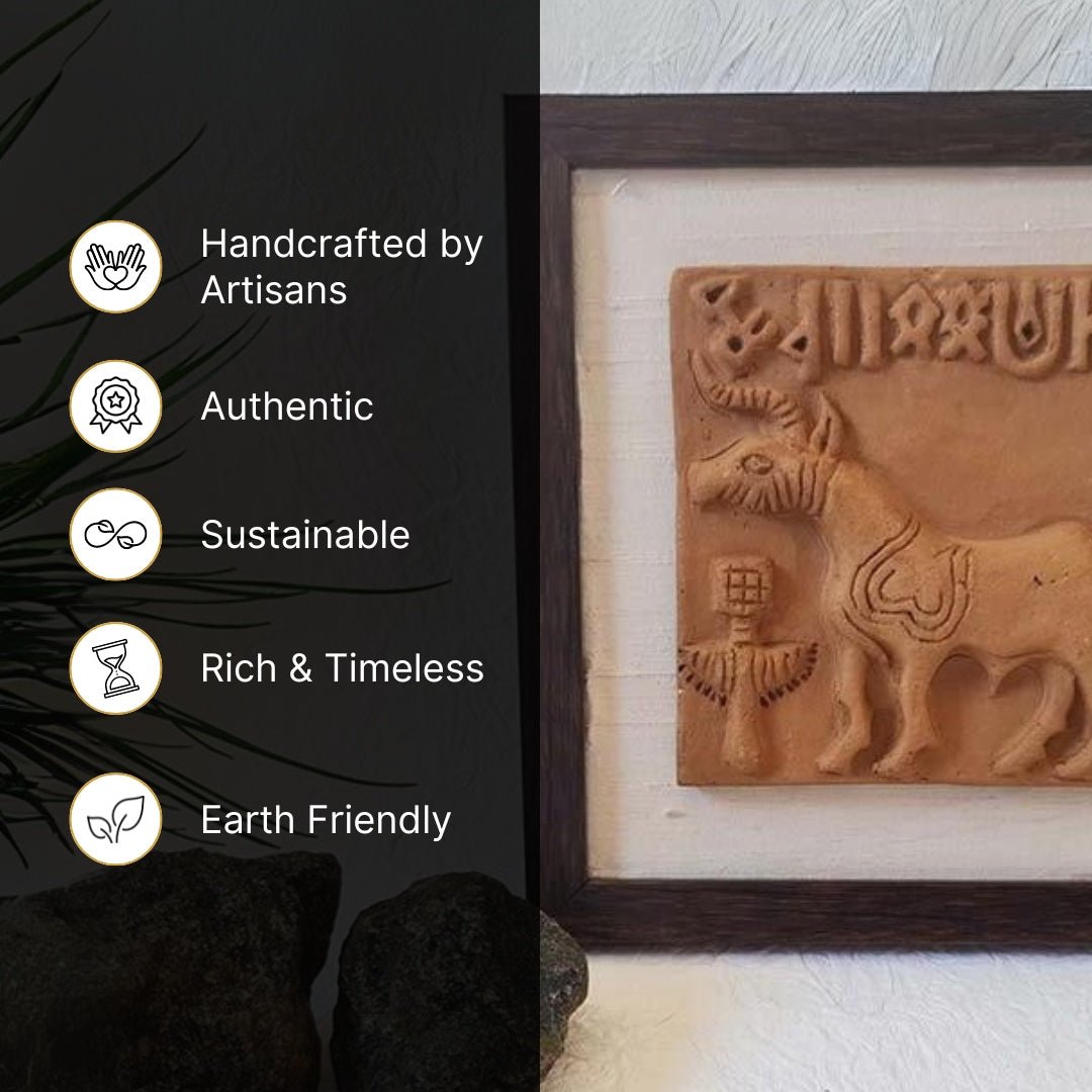 Terracotta Wall Hanging Replica of the Unicorn Seal from the Harappa period with a Frame 8x8 inches with frame