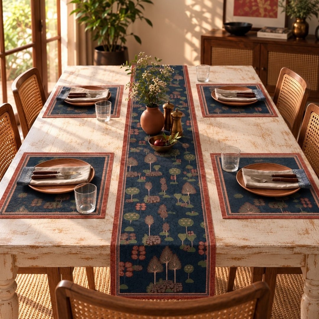 Velvet Table Runner and Mat Set for 4-Seater in Blue & Red | Peepul Tree