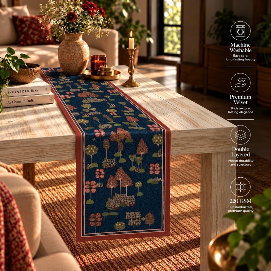 Velvet Table Runner and Mat Set for 4-Seater in Blue & Red | Peepul Tree