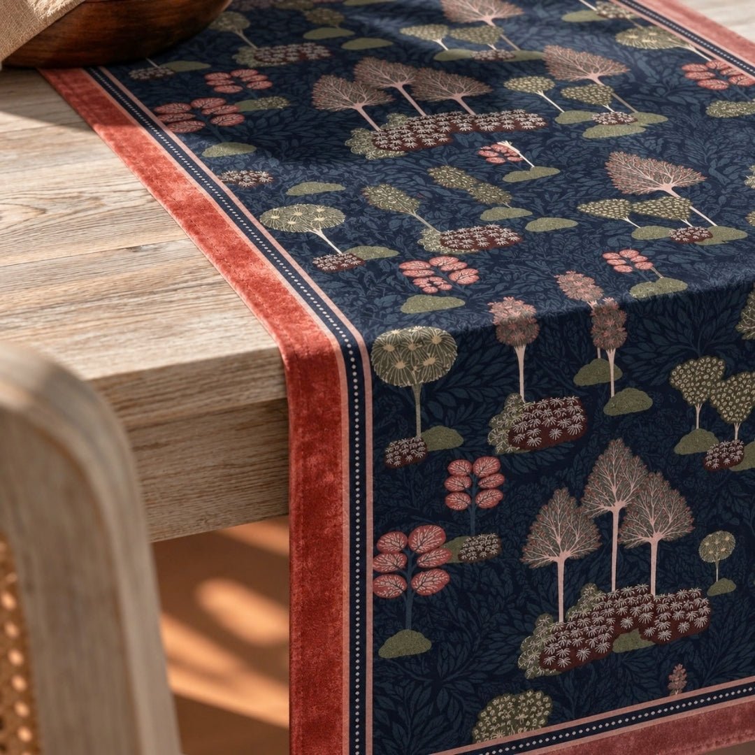 Velvet Table Runner and Mat Set for 4-Seater in Blue & Red | Peepul Tree