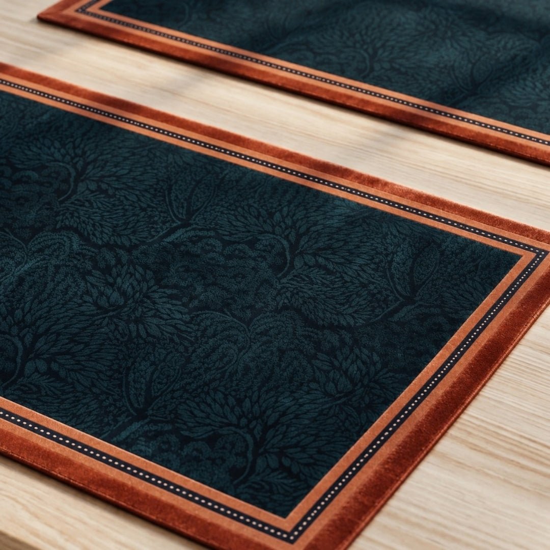 Velvet Table Runner and Mat Set for 4-Seater in Blue & Red | Peepul Tree