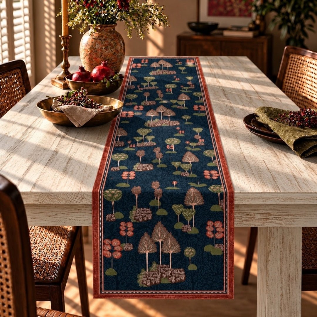 Velvet Table Runner and Mat Set for 6 Seater in Blue and Red  | Peepul Tree