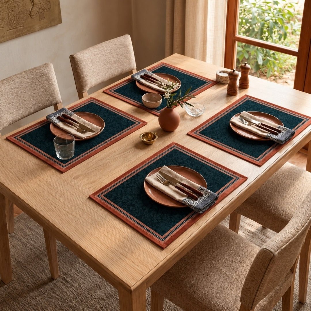 Velvet Table Runner and Mat Set for 6 Seater in Blue and Red  | Peepul Tree