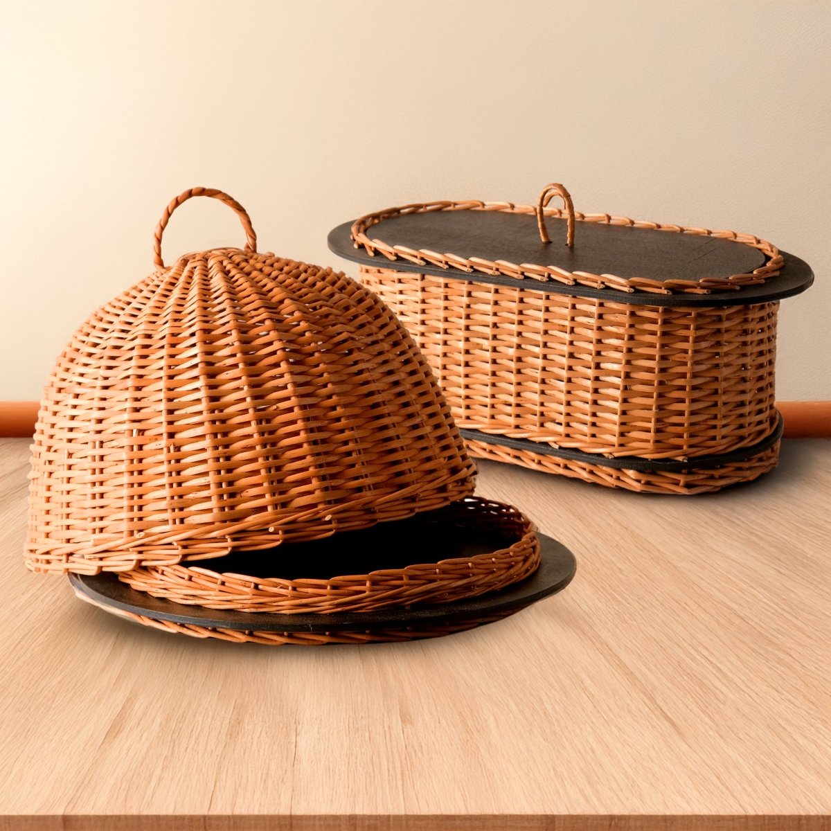 Wicker & Wood Serving Platter With Lid & Bread Box Combo | Black and Brown | Handcrafted in Kashmir