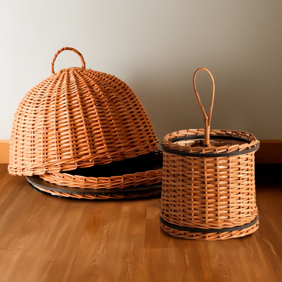 Wicker & Wood Serving Platter With Lid & Cutlery Holder Combo | Black and Brown | Handcrafted in Kashmir