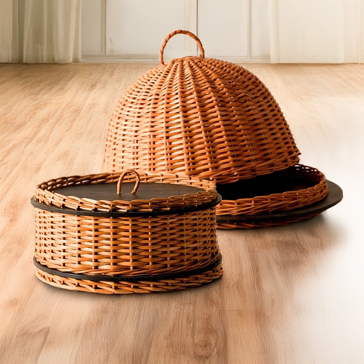 Wicker & Wood Storage Box & Serving Platter With Lid Combo | Black and Brown | Handcrafted in Kashmir