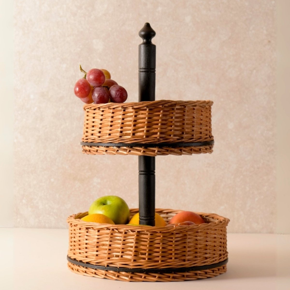 Wicker & Wood Bread Box & 2 Tier Collapsable Fruit Basket Combo | Black and Brown | Handcrafted in Kashmir